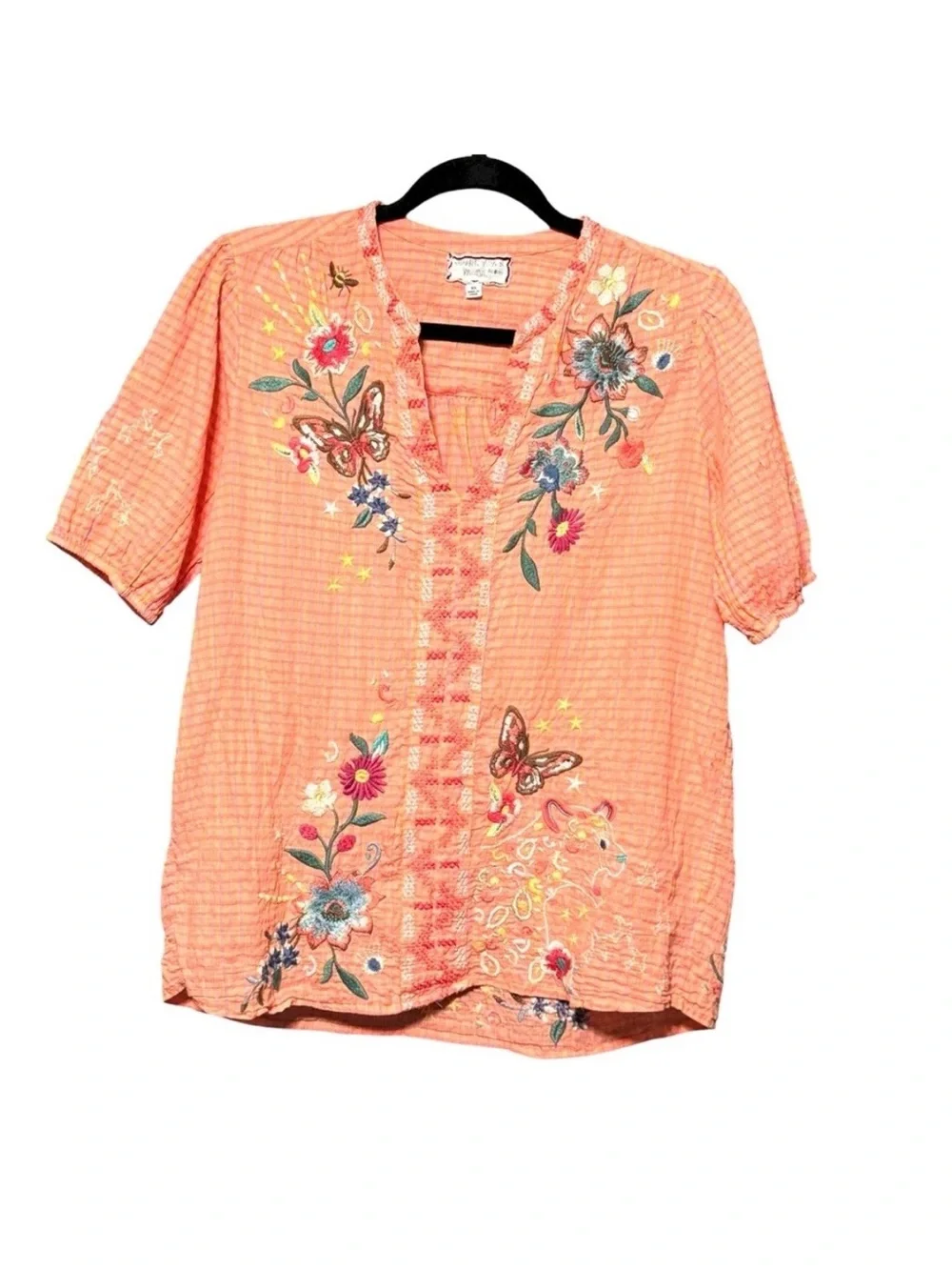 Johnny Was Olinda Puff Sleeve Embroidered Floral V-Neck Top Blouse